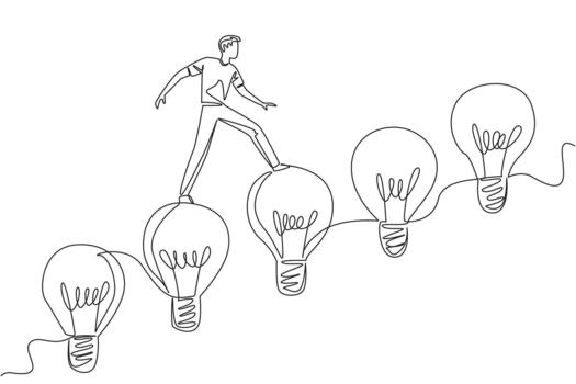 Single continuous line drawing a man walks on light bulbs arranged like stairs. Step carefully leaving wrong thoughts behind. Innovation. National Creativity Day. One line design vector