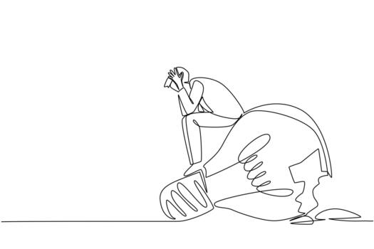 Single continuous line drawing a businessman sits on a broken lightbulb with both hands holds head. Ideas that failed to be implemented. National Creativity Day. One line illustration vector