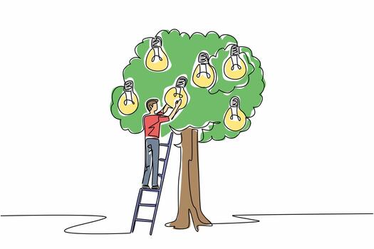 continuo uno línea dibujo un hombre sube escalera dentro árbol a obtener bombilla y saco conteniendo muchos bombillas. tratar resolver problema. nacional creatividad día. soltero línea dibujar diseño ilustración vector
