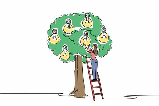 soltero continuo línea dibujo un mujer sube escalera dentro árbol a obtener bombilla y saco conteniendo muchos bombillas. mirando para soluciones nacional creatividad día. uno línea diseño ilustración vector