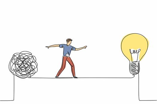 soltero uno línea dibujo un hombre camina en cuerda de equilibrista Entre un grande enredado pelota y un bombilla. Moviente desde el complejidad de pensamiento. nacional creatividad día. continuo línea diseño gráfico ilustración vector