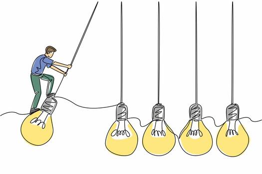 Continuous one line drawing man stands on lightbulb with both hands hold light cord and swings. Trying to offer the best opinion. National Creativity Day. Single line draw design illustration vector