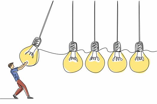 Single one line drawing a businessman holds a lightbulb and swings it at 4 lightbulbs in a row. Symbolism of throwing opinions. National Creativity Day. Continuous line design graphic illustration vector