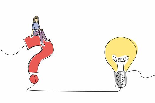 Continuous one line drawing a woman sitting on a big question mark symbol and a light bulb. Reliable analyst problem solver. Smart. National Creativity Day. Single line draw design illustration vector