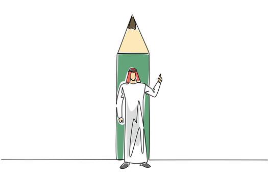 continuo uno línea dibujo árabe hombre soportes en frente de fondo final de lápiz con gesto. escribir abajo creativo y brillante ideas nacional creatividad día. soltero línea dibujar diseño ilustración vector