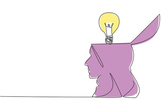 Single one line drawing the top of head is open and there is lightbulb above it. Exchange ideas. Open wider perspectives. Solution. National Creativity Day. Continuous line design graphic illustration vector
