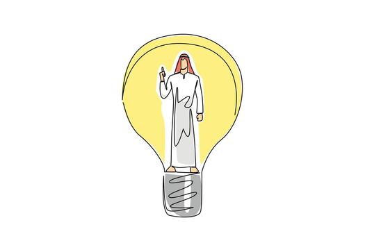 soltero uno línea dibujo árabe hombre con gestos tiene un idea dentro un bombilla. estar con alto confianza. trayendo nuevo ideas nacional creatividad día. continuo línea diseño gráfico ilustración vector