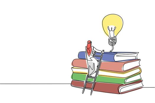 Continuous one line drawing Arab man climbs stack of thick books with lightbulb floating above. Have unlimited creativity. Educate. National Creativity Day. Single line draw design illustration vector