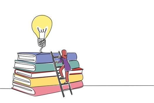 Continuous one line drawing Arab woman climbs stack of thick books with lightbulb floating above. Sincerity sharpens the mind. National Creativity Day. Single line draw design illustration vector