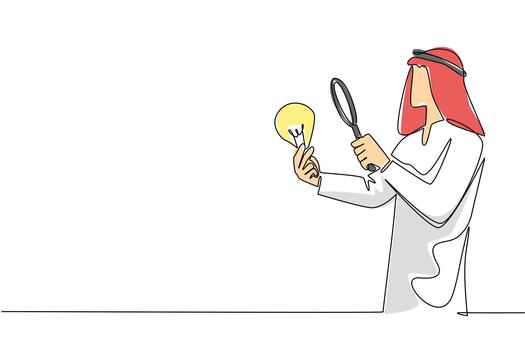 continuo uno línea dibujo árabe hombre sostiene bombilla y examina con un aumentador vaso. mirando para el más posible solución. nacional creatividad día. soltero línea dibujar diseño ilustración vector