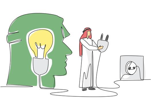 Single one line drawing Arab man stands in front of silhouette of head holds cable into socket. Take a break to recharge the mind. National Creativity Day. Continuous line design graphic illustration vector