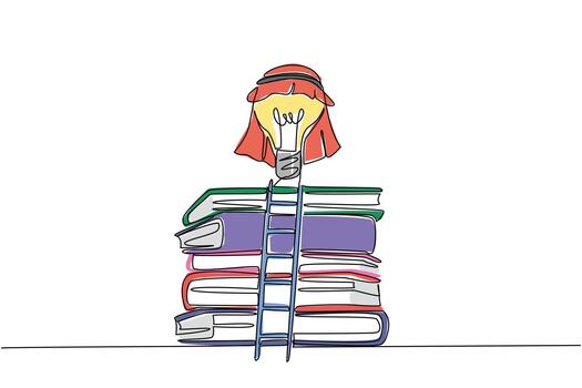 Single one line drawing lightbulb with turban floats above pile of thick books and ladder. Increase the knowledge by reading. Idea. National Creativity Day. Continuous line design graphic illustration vector