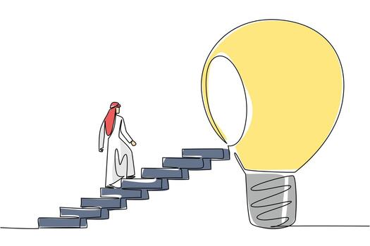 Single one line drawing Arab man walks up ladder towards big lightbulb with hole in center. Decision to move up a class. Education. National Creativity Day. Continuous line design graphic illustration vector