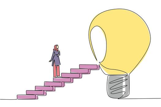 Continuous one line drawing Arab woman walks up ladder towards big lightbulb with hole in center. Patching the void with knowledge. National Creativity Day. Single line draw design illustration vector