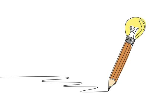 Single continuous line drawing a pencil with a bulb lamp tip. Write a creation to add creativity. Trying to sharpen logic. Smart. Genius. National Creativity Day. One line design illustration vector
