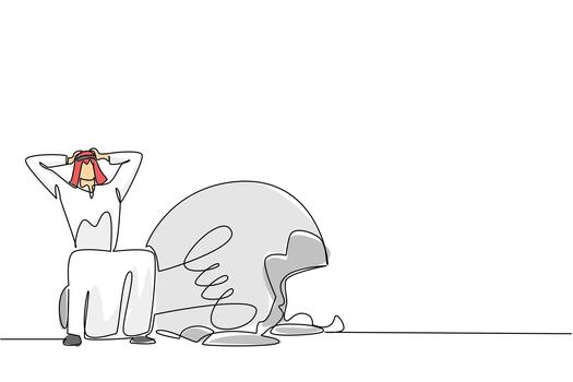 Continuous one line drawing Arabian businessman sits on broken lightbulb with both hands holds head. Such deep regret. Failure. National Creativity Day. Single line draw design illustration vector