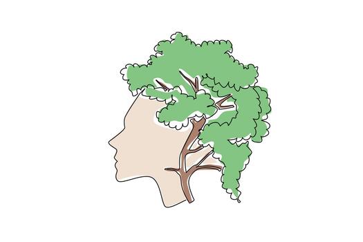 Single one line drawing head with hair made into tree trunk and shady leaves. Greenery fills the head. Character development. Getting thicker. Tree Concept. Continuous line design graphic illustration vector