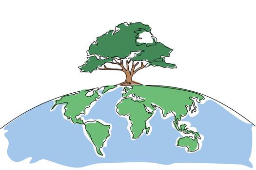 Single one line drawing trees grow on the semicircular surface of the globe. Trees grow to shade the countries. Greening for the earth. Eco. Tree Concept. Continuous line design graphic illustration vector
