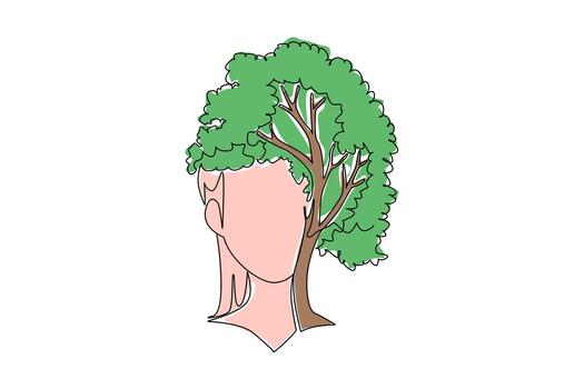Single continuous line drawing face stuck to a tree trunk with shady leaves and thick roots. The art of carving plants that resemble humans. Symbol. Tree Concept. One line design illustration vector
