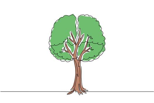 Continuous one line drawing tree with branches and leaves forming a brain top view. Imagination and peace of mind. Clarity of air. Symbol. Tree Concept. Single line draw design illustration vector