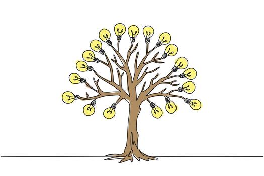 soltero continuo línea dibujo un árbol con muchos ramas y Fruta ese es bombillas. muchos ideas y creatividad originar desde claro aire. solución. árbol concepto. uno línea diseño ilustración vector