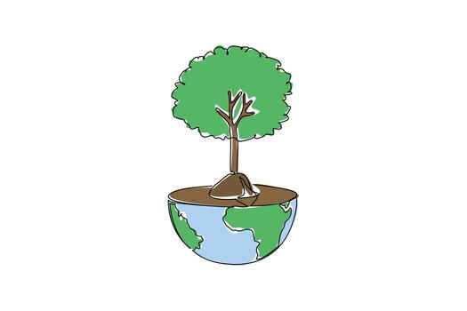 Continuous one line drawing trees grow on half the globe. The symbolism of half of the earth dense and green plants. Protects from dirty air. Tree Concept. Single line draw design illustration vector