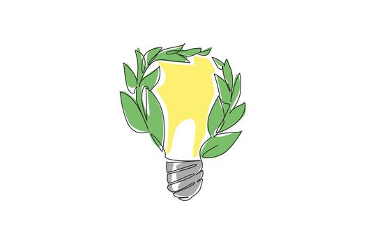 Single one line drawing leafy branches surrounding a light bulb glass. Electrical energy from plants. Using environmentally friendly energy. Tree Concept. Continuous line design graphic illustration vector