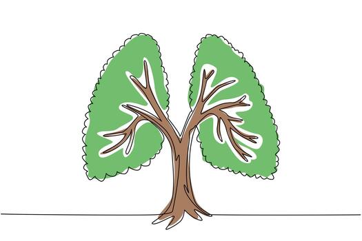 Continuous one line drawing large trunked trees have branches with leaves that form lungs. A dense plant that is good for the lungs. Ecology. Tree Concept. Single line draw design illustration vector
