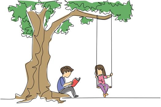 Single one line drawing boy sits reading a book while the girl plays on swing under a big tree. Joy in the park near the shady tree. Activity. Tree Concept. Continuous line design graphic illustration vector