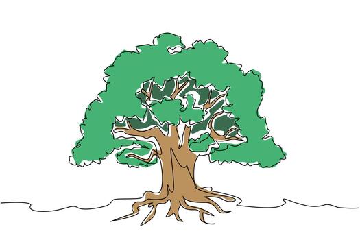 soltero continuo línea dibujo grande árbol con sombreado hojas y ramificado raíces. fértil suelo ayuda arboles crecer Hasta que ellos son sombreado. denso secretario árbol. árbol concepto. uno línea diseño ilustración vector