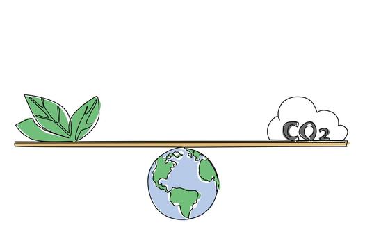 Single continuous line drawing scales with globe as the fulcrum with leafy leaves and clouds labeled CO2. Natural balance for a good earth. Friendly. Tree Concept. One line design illustration vector