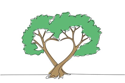 Single continuous line drawing leafy tree with the middle of the branches forming love shape. A very shady tree that is cared for with all the heart. Tree Concept. One line design illustration vector