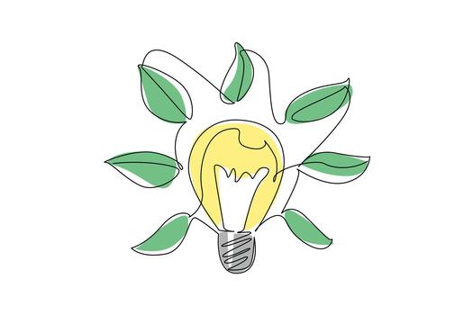Single continuous line drawing light bulb surrounded by leaves. Renewable energy from plants as an energy source. Illuminate the dark. Environmental. Tree Concept. One line design illustration vector
