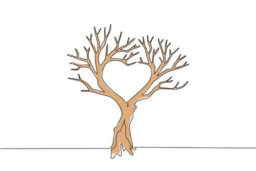 Single one line drawing dry tree with many branches with branches forming a love shape. A symbol of a dead tree. Without love. Environmental. Tree Concept. Continuous line design graphic illustration vector
