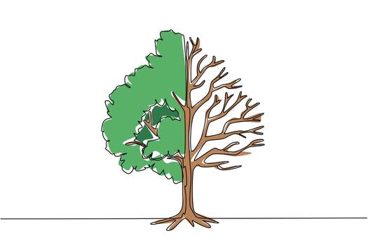 Continuous one line drawing big tree with lush leaves and dry leaves on each side. Seasonal changes. Climate change. Environmental adaptation. Tree Concept. Single line draw design illustration vector