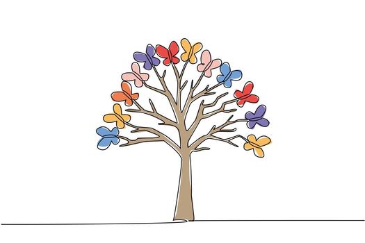 Continuous one line drawing tree with many branches and butterfly fruit. A shady plant that is very friendly to animals. Eco friendly. Garden. Tree Concept. Single line draw design illustration vector