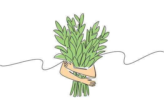 continuo uno línea dibujo dos manos abrazando el frondoso árbol bañador. simbolismo de humanos proteger plantas con todas su corazones. protector. árbol concepto. soltero línea dibujar diseño ilustración vector