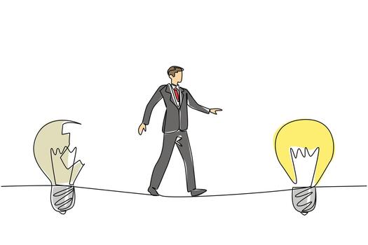 soltero continuo línea dibujo un empresario camina en cuerda de equilibrista desde roto bombilla a un todo bombilla. hacia mejora. solución. nacional creatividad día. uno línea diseño ilustración vector