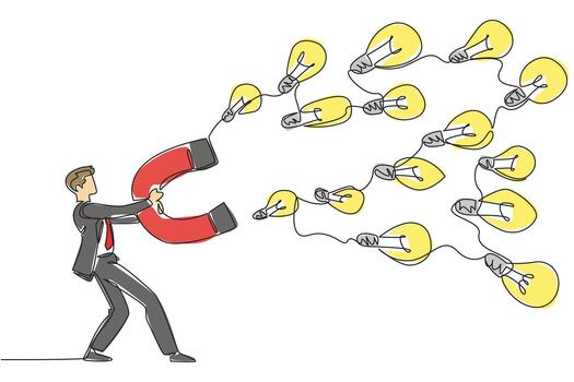 continuo uno línea dibujo un empresario sostiene grande imán atrayendo varios tamaño bombillas. coleccionar muchos soluciones idea. nacional creatividad día. soltero línea dibujar diseño ilustración vector