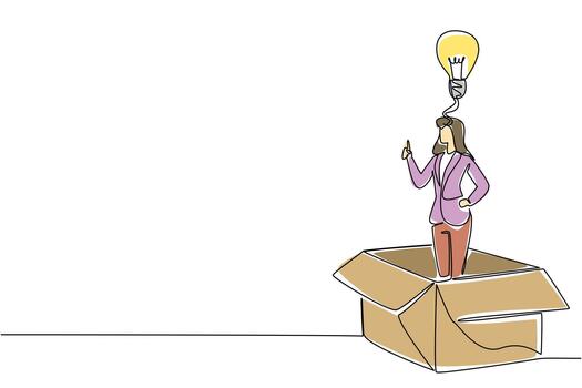 soltero continuo línea dibujo un mujer de negocios dentro grande cartulina caja haciendo gesto de obtiene idea. en cualquier sitio solución para problema solucionadores. nacional creatividad día. uno línea diseño ilustración vector