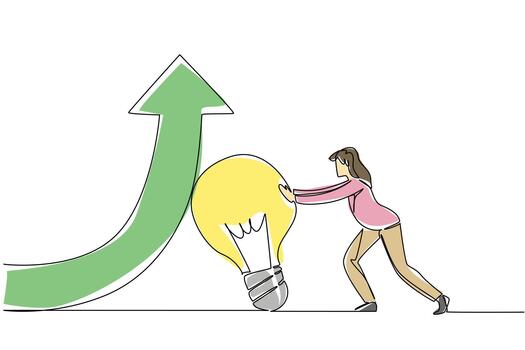 Single continuous line drawing a businesswoman pushes a bulb lamp that holds an arrow so that it turns upwards. Work smart to level up. National Creativity Day. One line design illustration vector