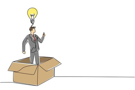continuo uno línea dibujo un empresario dentro grande cartulina caja haciendo gesto de obtiene idea. obtener Fresco nuevo ideas solución. nacional creatividad día. soltero línea dibujar diseño ilustración vector