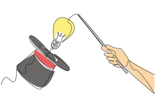 soltero continuo línea dibujo mano sostiene magia varita mágica y puntos eso a magia sombrero emite un bombilla. actuaciones añadir valor a creatividad. nacional creatividad día. uno línea diseño ilustración vector