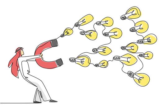 Single one line drawing Arab businessman holds big magnet attracting various sized lightbulbs. Try the best for multiple profits. National Creativity Day. Continuous line design graphic illustration vector