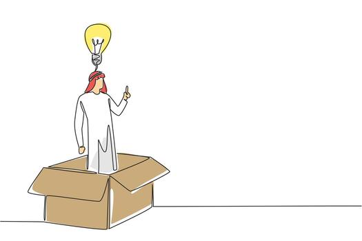 soltero uno línea dibujo árabe empresario dentro grande cartulina caja haciendo gesto de obtiene idea. solución desde problema solucionador elegante. nacional creatividad día. continuo línea diseño gráfico ilustración vector