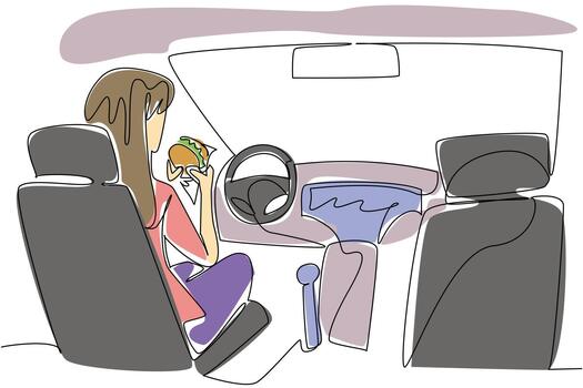 Continuous one line drawing a woman sits in seat of driver of car holds burger with both hands. Technology makes human life easier. Autonomous Vehicle Day. Single line draw design illustration vector