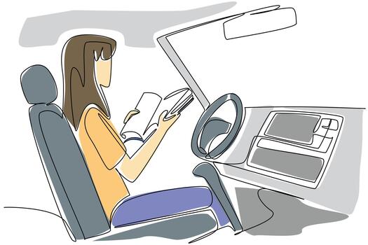 Single one line drawing a woman in the seat of driver of a car reading a book. Comfortable learning in a futuristic vehicle. Tech. Autonomous Vehicle Day. Continuous line design graphic illustration vector