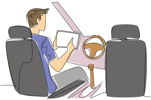 Single continuous line drawing a man in the seat of driver of a car busy with his tablet. The latest generation in automotive. High tech. Autonomous Vehicle Day. One line design illustration vector