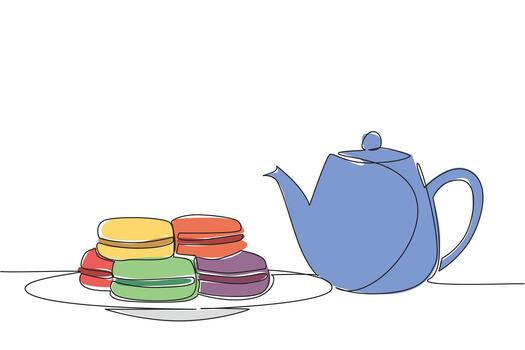 soltero uno línea dibujo vistoso macarons apilado en un pequeño plato y un tetera. disfrutar el Mañana en un sencillo pero calmante forma. sabroso. nacional macaron día. continuo línea diseño gráfico ilustración vector