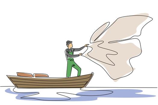 Single continuous line drawing a man wear a vest and hat stands on a wooden boat while casting a net. It is the month of the fish harvest. Fisherman Hold Fish. One line design illustration vector